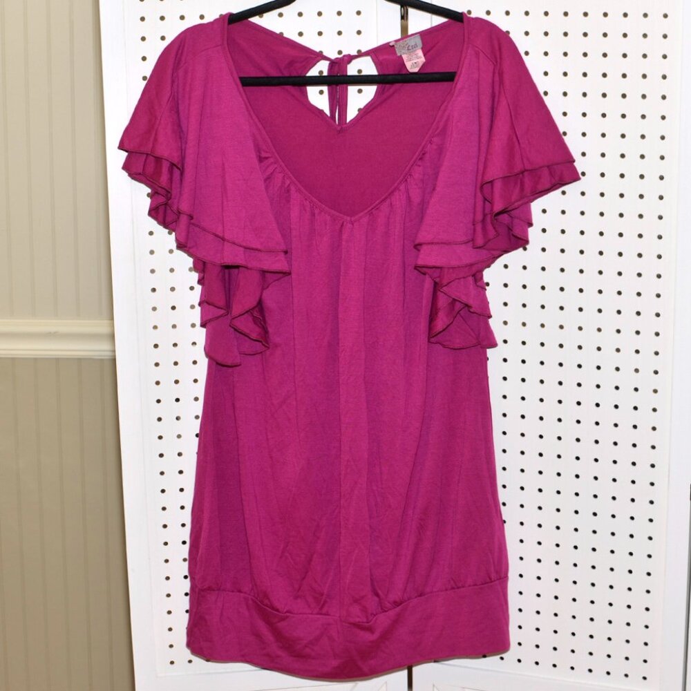Plus Size 2XL Ceci Raspberry Ruffle Flutter Sleeve Tunic Top / Mini Dress NWOT